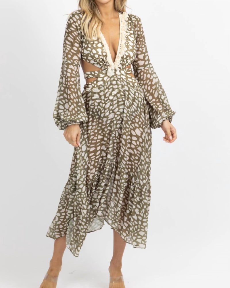 Front of a model wearing a size L Spotted Fringe Maxi Dress In Olive + Ivory in Olive + Ivory by LUXXEL. | dia_product_style_image_id:354752